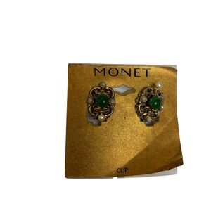 Monet Vintage Clip On Earrings Gold Tone Green Cabochon Pearl Accents